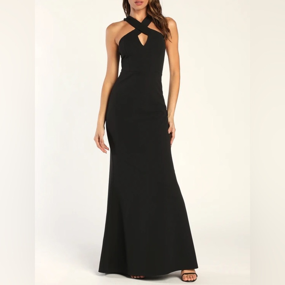 Lulus Keep You Enchanted Black Cutout Halter Mermaid Maxi Dress - medium